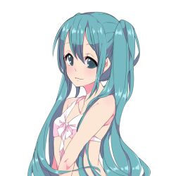  aqua_eyes aqua_hair bikini commentary female hatsune_miku long_hair looking_at_viewer naruto_maki smile solo swimsuit transparent_background twintails upper_body vocaloid white_bikini 