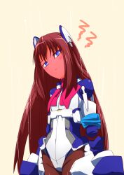  android black_legwear blue_eyes blush bodysuit embarrassed f_walsingham female female frown highres kozy kyoukai_senjou_no_horizon kyoukaisenjou_no_horizon puppet red_hair solo surprised 