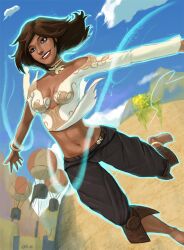  abs aircraft anklet bangle barefoot belt blouse bracelet brown_hair capri_pants choker dark_skin day elika_(prince_of_persia) feet female floating gold_trim hot_air_balloon jewelry magic midriff navel necklace pants photoshop_(medium) prince_of_persia prince_of_persia_(2008) shirt sky smile thevampiredio torn_clothes torn_shirt 