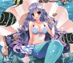  absurdres artist_request bangs blue_hair brown_eyes character_request female fish highres mermaid monster_girl open_mouth shell siren sitting smile source_request underwater water 