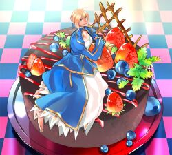  ahoge akkc artoria_pendragon_(fate) bad_id bad_pixiv_id blonde_hair blueberry cake chocolate chocolate_cake dress fate/stay_night fate/zero fate_(series) female food fruit green_eyes hair_ribbon ribbon saber_(fate) solo strawberry 