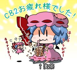  2girls :3 arrow_(symbol) bad_id bad_pixiv_id bat_wings blowing blue_hair blush bow brooch bubble chibi commentary detached_wings dress drinking_straw flying hat hat_bow jewelry mini_person minigirl mob_cap multiple_girls noai_nioshi patch remilia_scarlet shaking short_hair sitting snort touhou translated visible_air wings |_| 