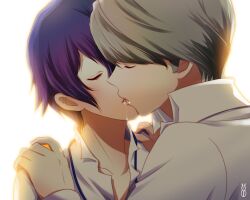  1boy androgynous bad_id bad_pixiv_id blue_hair couple female grey_hair machinosuke narukami_yuu persona persona_4 shirogane_naoto short_hair straight 