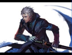  1boy chinese_commentary coat commentary_request devil_may_cry_(series) dmc:_devil_may_cry fighting_stance katana kdash letterboxed motion_blur ready_to_draw realistic sheath sheathed sword vergil_(dmc:_devil_may_cry) weapon white_hair 