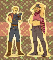  2boys abs avengers_(series) backpack bag blonde_hair blue_eyes bola_(weapon) bomber_hat boots commentary_request cosplay crop_top facial_hair feriowind fur_hat hat jojo_no_kimyou_na_bouken jonathan_joestar jonathan_joestar_(cosplay) joseph_joestar joseph_joestar_(young) joseph_joestar_(young)_(cosplay) male_focus marvel marvel_cinematic_universe midriff multiple_boys photoshop_(medium) scarf steve_rogers striped_clothes striped_scarf stubble thor_(marvel) ushanka 