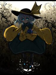  blue_eyes closed_eyes commentary_request female hat hat_ribbon highres komeiji_koishi long_sleeves partial_commentary ribbon rihito_(usazukin) short_hair solo tears third_eye touhou white_hair wide_sleeves 