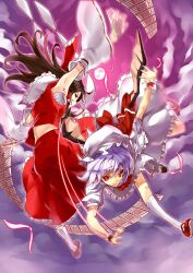  2girls armpits bad_id bad_pixiv_id bat_wings battle bow brown_hair cloud danmaku detached_sleeves flying hair_tubes hairbow hakurei_reimu hat kneehighs light_purple_hair long_hair moon motion_blur multiple_girls ofuda red_eyes red_moon remilia_scarlet sarashi scottie_(phantom2) sky socks touhou white_legwear wings wrist_cuffs 