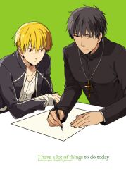  2boys bad_id bad_pixiv_id blonde_hair brown_eyes brown_hair casual cross cross_necklace fate/stay_night fate/zero fate_(series) gilgamesh_(fate) gilgamesh_(immoral_biker_jacket)_(fate) jewelry kotomine_kirei male_focus multiple_boys necklace official_alternate_costume paper pen red_eyes vox writing 