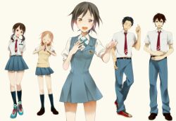  2boys 3girls :d arms_behind_back belt black_hair black_thighhighs blush brown_eyes brown_hair closed_eyes commentary_request dress_shirt hand_on_own_chest hand_on_own_hip head_tilt highres kneehighs loafers looking_at_viewer maeda_atsuhiro masami_(souzou_jinsei_sanka) miyamoto_konatsu multiple_boys multiple_girls music necktie okita_sawa open_mouth pleated_skirt ponytail sakai_wakana school_uniform shirt shoes short_hair simple_background singing skirt smile sneakers socks sweater_vest tanaka_taichi tari_tari thighhighs 