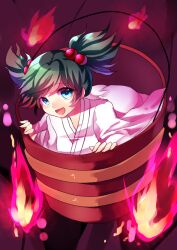  bad_id bad_pixiv_id blue_eyes bucket female fire green_hair hair_bobbles hair_ornament highres in_bucket in_container kisume long_sleeves meronpanna_(mikoniito) open_mouth short_hair solo touhou twintails wooden_bucket 