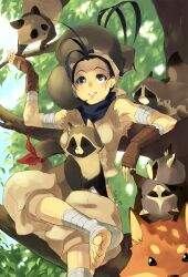  animal ankle_wrap armpits bandages barefoot commentary crossed_legs don_(street_fighter) english_commentary feet female fingerless_gloves fox gloves ibuki_(street_fighter) japanese_clothes juby nature ninja sitting street_fighter street_fighter_iii_(series) tanuki toeless_legwear toes tree 