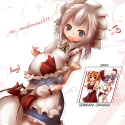  2girls amano_jack apron ascot bad_id bad_pixiv_id blonde_hair blue_eyes crystal english_text flandre_scarlet french_text grey_hair hat hat_ribbon highres hug izayoi_sakuya maid maid_headdress multiple_girls open_mouth puffy_sleeves red_eyes remilia_scarlet ribbon short_hair short_sleeves siblings sisters smile tears touhou wings wrist_cuffs 