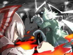  2girls battle bow clenched_teeth commentary_request constricted_pupils duel electricity electrokinesis fire fujiwara_no_mokou ghost_tail green_eyes green_hair hairbow hat lightning long_sleeves multiple_girls multiple_tails nicetack polar_opposites pyrokinesis red_eyes rivalry short_hair soga_no_tojiko tail tate_eboshi teeth touhou white_hair 