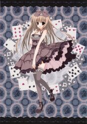  absurdres bare_shoulders black_thighhighs blonde_hair blush bow card dress female frilled_dress frilled_thighhighs frills grey_thighhighs hairbow hand_on_own_chest highres inugami_kira long_hair looking_at_viewer off_shoulder official_art open_mouth playing_card purple_eyes seitokai_no_ichizon shiina_mafuyu shoes solo standing standing_on_one_leg thighhighs 