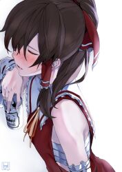  bandages bare_shoulders blush bow brown_hair can closed_eyes commentary_request detached_sleeves drunk female hair_tubes hakurei_reimu highres holding red_bow simple_background solo touhou upper_body usui_ryuu white_background 