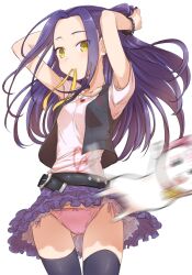  adjusting_hair arms_up belt black_thighhighs blurry blush commentary_request female hummy_(suite_precure) kurokawa_eren long_hair minatsuki_randoseru mouth_hold panties pantyshot pink_panties precure purple_hair purple_skirt ribbon seiren_(suite_precure) side-tie_panties skirt solo suite_precure thighhighs underwear vest yellow_eyes 