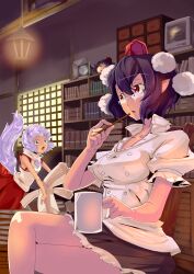  2girls animal_ears bad_id bad_pixiv_id bespectacled black_hair blouse book bookshelf chair commentary_request crossed_legs cup dango_ya glasses grey_hair hat inubashiri_momiji kimeemaru lamp monitor mug multiple_girls newspaper no_headwear open_mouth pencil pointy_ears red_eyes scroll shameimaru_aya shirt short_hair sitting skirt sleeveless sleeveless_shirt tail tokin_hat touhou tripping wolf_ears wolf_tail yukkuri_shiteitte_ne 