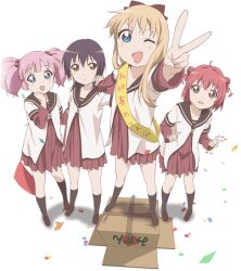  4girls :d ;d ahoge akaza_akari black_hair blonde_hair blue_eyes bow box brown_eyes confetti double_bun double_v funami_yui hair_bobbles hair_bun hair_ornament hairbow layered_sleeves long_sleeves multiple_girls nanamori_school_uniform official_art on_box one_eye_closed open_mouth pink_hair purple_eyes red_hair sash school_uniform serafuku short_hair short_over_long_sleeves short_sleeves shoulder_sash single_hair_bun smile standing standing_on_object toshinou_kyouko transparent_background twintails v yoshikawa_chinatsu yuru_yuri 