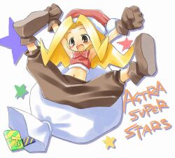  astra_super_stars bag blonde_hair clenched_hands copyright_name female full_body gift gloves grey_eyes hat long_hair pants raised_fists rouge_(astra_super_stars) sack santa_hat shoes smile solo spread_legs tatata v_legs white_background wide_spread_legs 