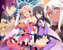  6+girls absurdres bazett_fraga_mcremitz black_hair blonde_hair boots breasts brown_eyes brown_hair card_holster chloe_von_einzbern commentary_request dark-skinned_female dark_skin dekapoi dress elbow_gloves fate/hollow_ataraxia fate/kaleid_liner_prisma_illya fate_(series) feather_hair_ornament feathers gloves hair_ornament highres holding holding_wand illyasviel_von_einzbern kaleidostick large_breasts long_hair luviagelita_edelfelt magical_girl magical_sapphire miyu_edelfelt multiple_girls pink_footwear prisma_illya purple_hair red_eyes small_breasts thighhighs tohsaka_rin wand white_hair yellow_eyes 