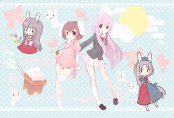  4girls animal_ears black_hair blazer blush braid brown_hair commentary_request dress full_moon grey_hair hat houraisan_kaguya inaba_mob_(touhou) inaba_tewi jacket konatsu_miyu long_hair moon multiple_girls necktie nurse_cap rabbit rabbit_ears red_eyes reisen_udongein_inaba short_hair skirt smile thighhighs touhou very_long_hair white_legwear yagokoro_eirin 