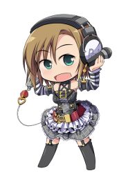  bad_id bad_pixiv_id bare_shoulders brown_hair chibi cuffs female green_eyes handcuffs headphones idolmaster idolmaster_cinderella_girls microphone open_mouth serebi_ryousangata short_hair smile solo standing tada_riina thighhighs 