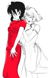  2girls bad_link black_hair blush bob_cut breasts china_dress chinese_clothes dress gunsmith_cats long_dress medium_breasts minnie_may_hopkins multiple_girls partially_colored pushing rally_vincent red_dress short_hair side_slit spot_color tusia unfinished 