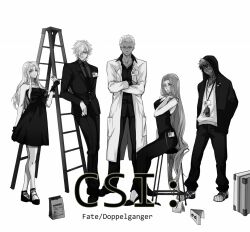  2girls 3boys angra_mainyu_(fate) archer_(fate) caren_hortensia commentary_request crimo csi dress fate/extra fate/hollow_ataraxia fate/stay_night fate_(series) formal glasses greyscale hair_over_one_eye hood hoodie lab_coat long_hair medusa_(fate) medusa_(rider)_(fate) monochrome multiple_boys multiple_girls necktie parody photoshop_(medium) robin_hood_(fate) suit 