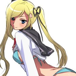  arched_back back bad_link bent_over bikini blonde_hair blue_eyes blush female flower hair_flower hair_ornament kanojo_x_kanojo_x_kanojo long_hair naso4 orifushi_mafuyu photoshop_(medium) simple_background smile solo swimsuit twintails white_background 