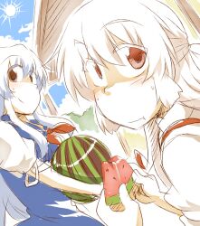  2girls blue_hair commentary_request eating food fruit fujiwara_no_mokou hariyaa kamishirasawa_keine long_hair multiple_girls red_eyes sky sweat touhou watermelon 