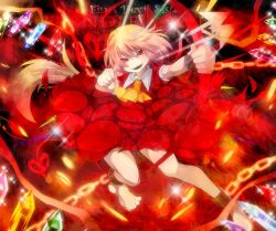  ascot bad_id bad_pixiv_id barefoot blonde_hair character_name crystal female flandre_scarlet fumiko_(miruyuana) hair_ribbon laevatein_(touhou) no_headwear open_mouth photoshop_(medium) red_eyes ribbon sharp_teeth short_hair short_sleeves solo teeth touhou wings 