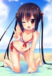  ;d bad_id bad_link bad_nicoseiga_id barefoot beach bent_over bikini black_hair blush collarbone day female hair_bobbles hair_ornament k-on! kurou_(quadruple_zero) long_hair looking_at_viewer nakano_azusa ocean one_eye_closed open_mouth outdoors painttool_sai_(medium) red_eyes side-tie_bikini_bottom smile solo striped_bikini striped_clothes swimsuit twintails water 