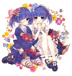  2girls :d blue_eyes blue_hair bow bug butterfly cecile_(magdala_na_maria) commentary_request eyepatch flower hair_flower hair_ornament hat hat_bow heart heart_necklace highres jewelry kneehighs looking_at_viewer magdala_na_maria md5_mismatch moriyama_shijimi multiple_girls necklace open_mouth own_hands_together photoshop_(medium) skirt smile socks striped_clothes striped_thighhighs stuffed_animal stuffed_toy teddy_bear thighhighs twintails white_thighhighs 