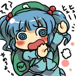  @_@ backpack bag blue_hair blush commentary_request female hair_bobbles hair_ornament hat kawashiro_nitori key long_sleeves open_mouth short_hair solo toto_(hitori_othello) touhou two_side_up 