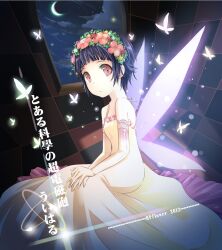  black_hair bug butterfly butterfly_wings character_name checkered_floor commentary_request copyright_name crescent_moon dress elbow_gloves fairy_wings female flower gloves glowing glowing_wings hairband highres hpflower insect_wings looking_at_viewer moon multiple_wings red_eyes short_hair sitting solo toaru_kagaku_no_railgun toaru_majutsu_no_index translated uiharu_kazari wings 