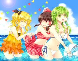  3girls bad_id bad_pixiv_id ball beachball bikini blonde_hair breasts brown_hair cleavage closed_eyes clothes_lift frills frog_hair_ornament fuusha grabbing grabbing_another&#039;s_breast green_eyes green_hair grin hair_ornament hair_tubes hakurei_reimu hat kirisame_marisa kochiya_sanae long_hair medium_breasts multiple_girls navel open_mouth red_bikini red_eyes short_hair side-tie_bikini_bottom side_ponytail skirt skirt_lift smile snake star_(symbol) sun swimsuit touhou white_bikini 