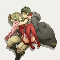  1boy boots bracelet breasts brown_hair cape carrying cleavage cloak commentary_request couple dress elf female fire_emblem fire_emblem:_mystery_of_the_emblem fire_emblem_awakening garter_straps gloves green_hair hair_ornament hair_ribbon hood hood_down hug jewelry long_hair medium_breasts pink_legwear pointy_ears ponytail princess_carry red_dress ribbon robin_(fire_emblem) robin_(male)_(fire_emblem) short_dress side_slit smile straight suneo_(goten) thigh_boots thighhighs tiki_(adult)_(fire_emblem) tiki_(fire_emblem) 