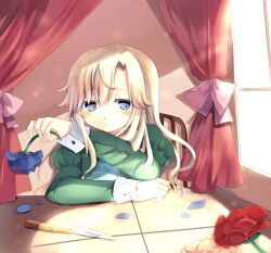  blonde_hair blue_eyes blue_flower blue_rose blush chair commentary_request curtains female flower highres ib_(kouri) long_hair long_sleeves mary_(ib) myuutsuu palette_knife petals red_flower red_rose rose sitting solo table upper_body window yellow_flower yellow_rose 