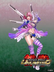  alisa_boskonovich android asymmetrical_gloves asymmetrical_legwear belt female flower gloves green_eyes hair_flower hair_ornament high_heels midriff mismatched_gloves multicolored_hair navel official_art pink_hair red_hair rose shoes short_hair smile solo striped_clothes striped_thighhighs tekken tekken_tag_tournament_2 thighhighs two-tone_hair uneven_legwear wings yamashita_shun&#039;ya 