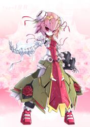  bandages commentary_request double_bun flower hair_bun ibaraki_kasen mecha mechanization medarot no_humans pink_eyes pink_hair red_ribbon ribbon robot solo sparks takamaru_(taka1220) touhou 