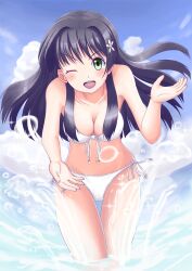  bikini black_hair breasts cleavage commentary_request female fisheye flower front-tie_top green_eyes hair_flower hair_ornament highres long_hair medium_breasts nekoya_kazuya one_eye_closed open_mouth saten_ruiko side-tie_bikini_bottom smile solo sparkle splashing swimsuit toaru_kagaku_no_railgun toaru_majutsu_no_index water white_bikini 