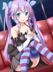  :o bare_shoulders blue_eyes blush bow commentary_request detached_sleeves female hairbow long_hair looking_at_viewer ok-ray original photoshop_(medium) purple_hair skirt solo striped_clothes striped_thighhighs thighhighs twintails v-shaped_eyebrows yukaribe_setsuko 