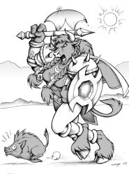  2007 anthro armor blizzard_entertainment bovid bovine female hooves horn mammal megan_giles melee_weapon monochrome nelena open_mouth outside plains razorback solo suid suina sun sus_(pig) tauren twintails warcraft weapon wild_boar 