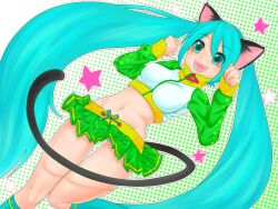  animal_ears aqua_eyes aqua_hair bad_id bad_pixiv_id cat_ears cat_tail commentary_request female groin hatsune_miku hekopon jersey_(module) long_hair midriff navel open_mouth panties project_diva_(series) project_diva_2nd skirt solo star_(symbol) striped_clothes striped_panties tail thigh_gap twintails underwear very_long_hair vocaloid 