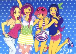  4girls :d absurdres arm_up belt blush blush_stickers bracelet braid cover cover_page denim doujin_cover dress earrings eyewear_on_head flip-flops flower freckles gradient_hair grin hair_ribbon hairband heart highres hug jeans jewelry multicolored_hair multiple_girls necklace no_socks one_eye_closed open_mouth original pants photoshop_(medium) purple_hair red_eyes red_hair ribbon sandals shoes shorts single_braid smile sneakers spiked_bracelet spikes sunglasses teeth v yoneyama_mai 