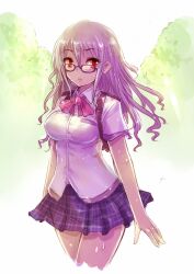  alternate_hairstyle bag bespectacled blush bra breasts commentary_request female glasses idolmaster idolmaster_cinderella_girls kanzaki_ranko kara_(color) large_breasts long_hair open_mouth orange_eyes plaid plaid_skirt purple_hair school_uniform see-through_silhouette skirt solo sweat underwear wet 