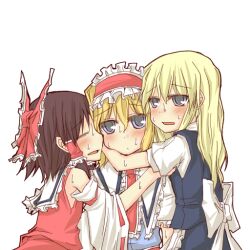  3girls alice_margatroid blush closed_eyes commentary_request group_hug hakurei_reimu hat hug kirisame_marisa multiple_girls natsuk open_mouth short_hair sweat touhou witch_hat yellow_eyes 