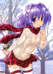  :p absurdres blurry blush copyright_request depth_of_field female gift hair_intakes heart highres holding holding_behind_back komatsu_eiji leaning_forward outdoors plaid plaid_scarf plaid_skirt pleated_skirt purple_eyes purple_hair scan scarf short_hair skirt snow solo sunlight sweater thighhighs tongue tongue_out tree white_thighhighs winter zettai_ryouiki 