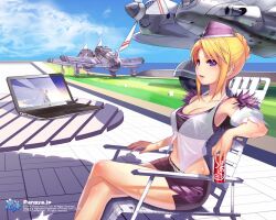  aircraft airplane belt blonde_hair blue_eyes breasts can cecilia_(pangya) chair computer copyright_name cropped crossed_legs day female fighter_jet hat holding jet kamdia laptop large_breasts legs long_legs midriff military military_vehicle miniskirt pangya photoshop_(medium) short_hair sitting skirt sky solo table thighs watermark 