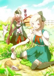  1boy animal bad_id bad_pixiv_id bandages blonde_hair blue_eyes blush bow bracelet bush canine character_request cheek-to-cheek closed_eyes coat danganronpa_(series) danganronpa_2:_goodbye_despair day dress female fence hairbow hamster heads_together highres jewelry nose_bubble open_mouth outdoors photoshop_(medium) red_eyes scarf seed shimada_(shimagura) sitting smile sweatdrop thighhighs wariza windmill zettai_ryouiki 